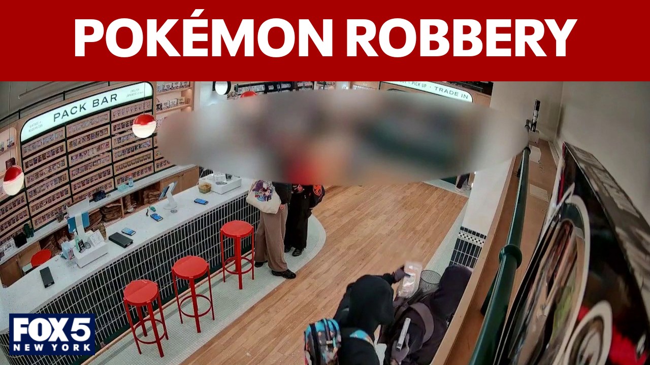 Video thumbnail for Surveillance video shows armed robbery at Pokémon card shop
