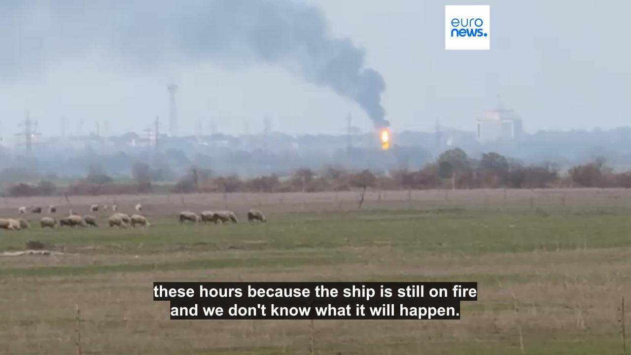 Video thumbnail for Russian strike hits Turkish LNG tanker in Odesa prompting evacuation of villages in Romania
