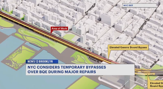 Video thumbnail for City considers possibility of building temporary roadway over Brooklyn Bridge approach while repairing BQE
