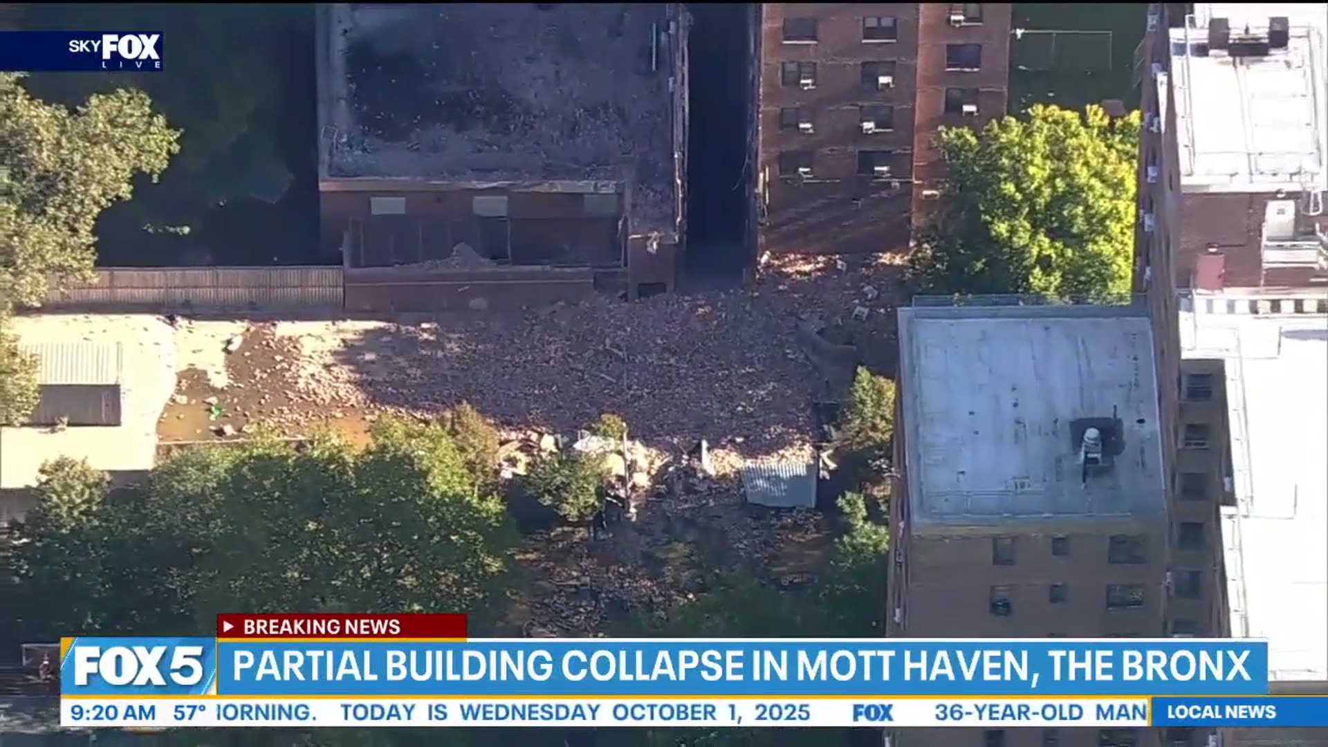 'Video thumbnail for SkyFOX over partial building collapse in the Bronx'