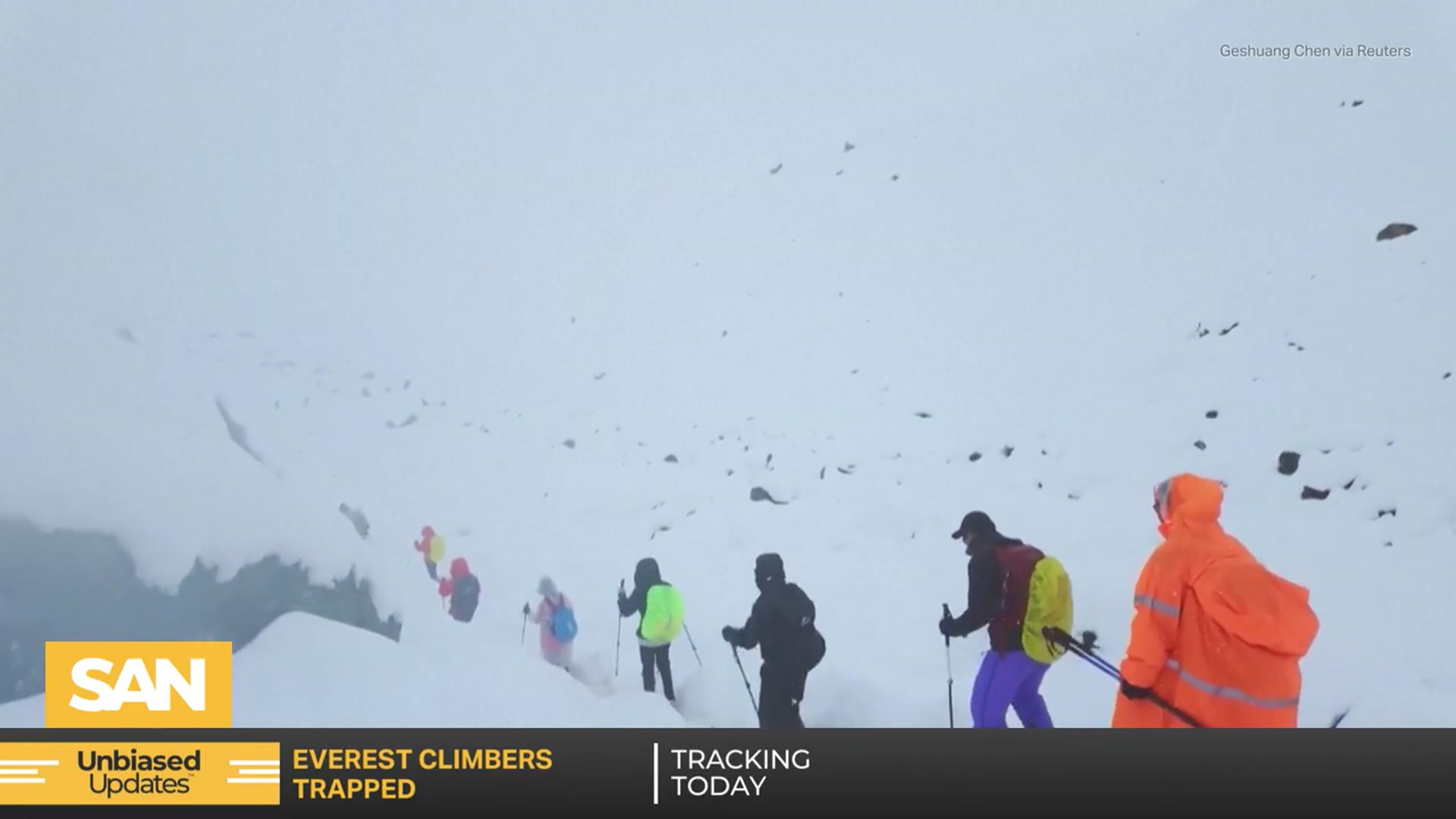 'Video thumbnail for Hundreds of trapped hikers reach rescue point after snowstorm on Mount Everest'