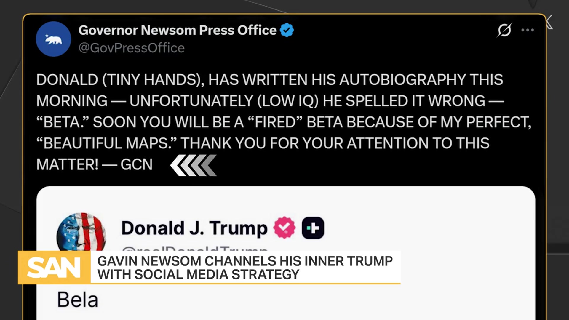 'Video thumbnail for Gov. Gavin Newsom mocks Trump in new social media strategy'