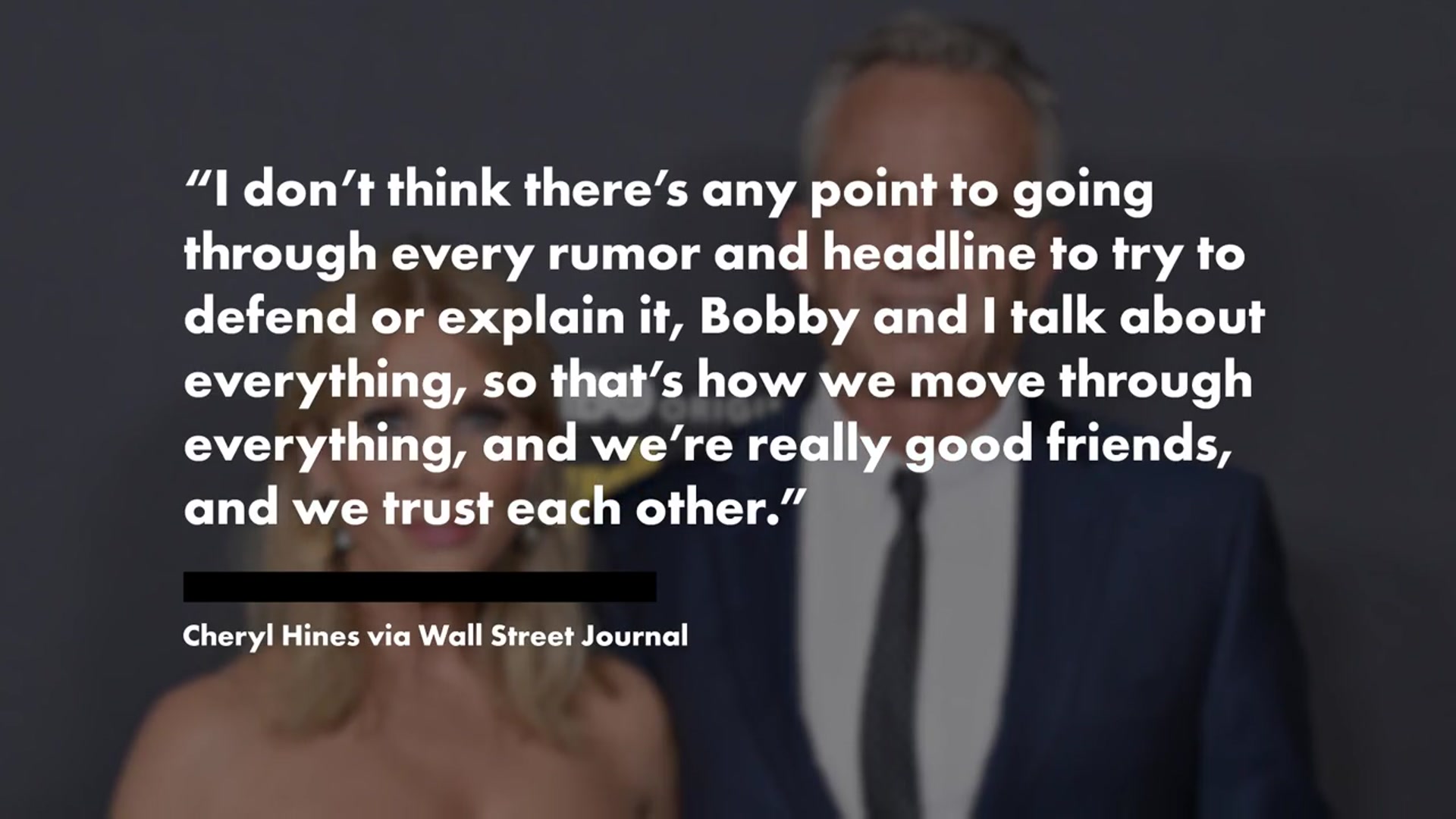 'Video thumbnail for Cheryl Hines breaks silence on RFK Jr. marriage rumors a year after his alleged affair'