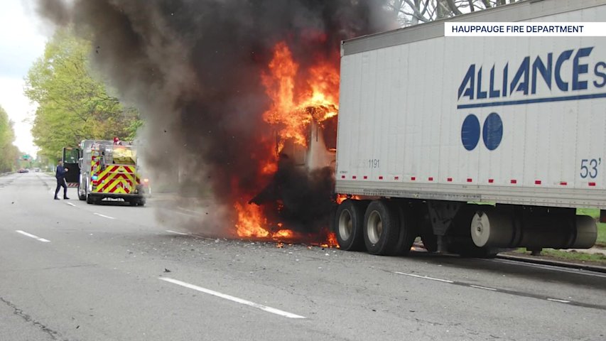 Video thumbnail for Truck bursts into flames in Hauppauge