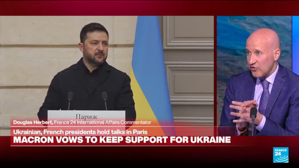 Video thumbnail for Zelensky in Paris: Macron pledges no 'respite' for Russia despite Mideast war