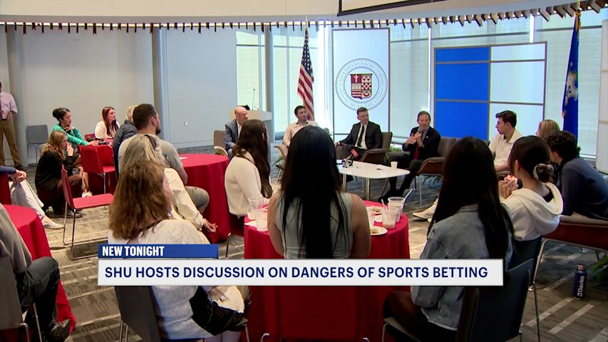 Video thumbnail for Sen. Blumenthal warns Sacred Heart students about the dangers of sports betting