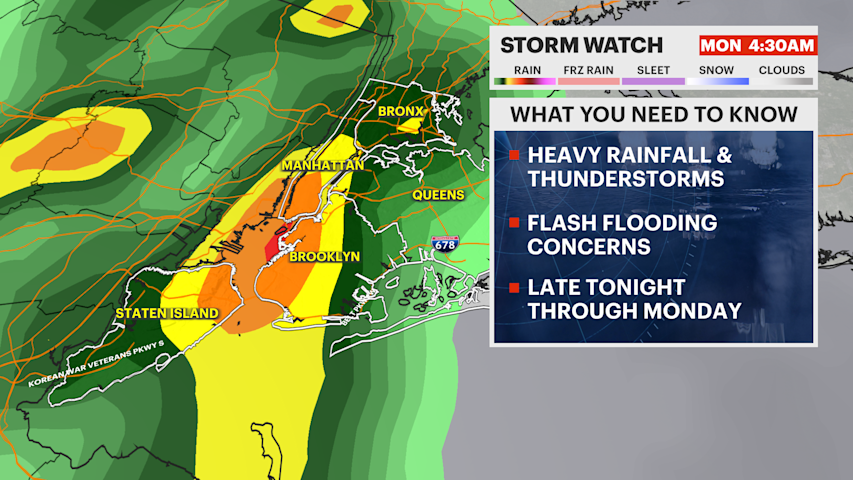 Video thumbnail for STORM WATCH: Thunderstorms return Monday in Brooklyn; flooding possible