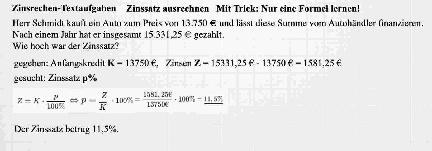 'Video thumbnail for Zinsrechnung Zinssatz Auto Textaufgabe'