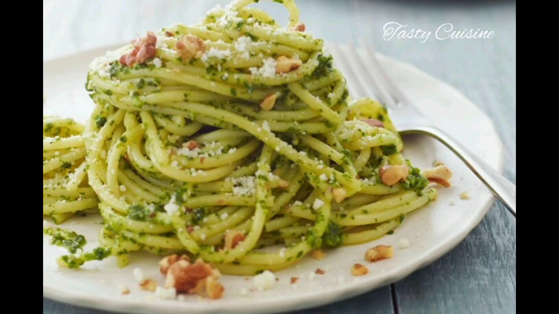 'Video thumbnail for Spaghetti with Kale & Walnut Pesto'
