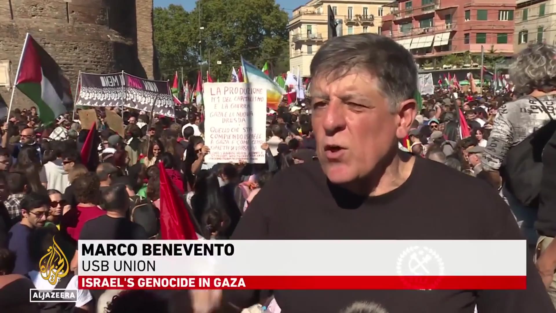 'Video thumbnail for Thousands rally in Rome in solidarity with Gaza, demanding Italy to end arms exports to Israel'