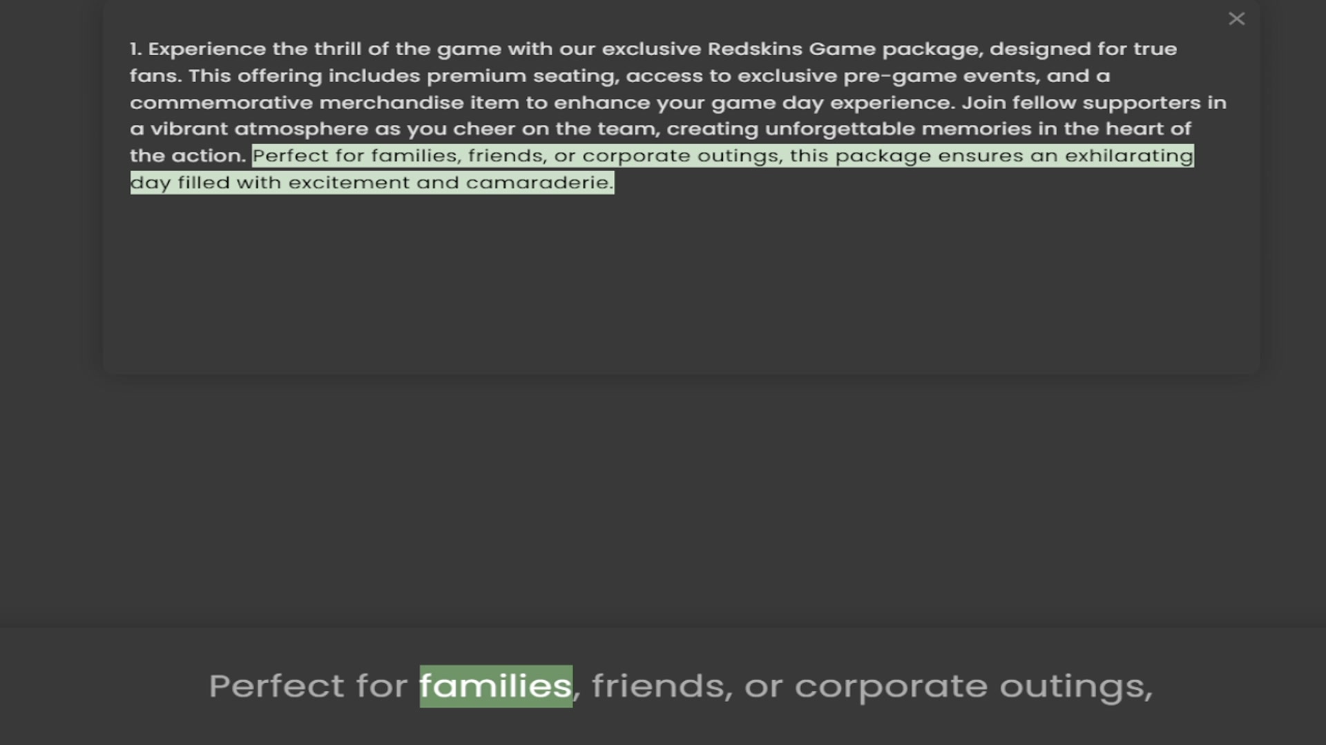 Video thumbnail for 1. Experience the thrill of the game with our exclusive Redskins Game package, designed for true fans. This offering includes premium seating, access to exclusive pre-game events, and a commemorative merchandise item to enhance your game