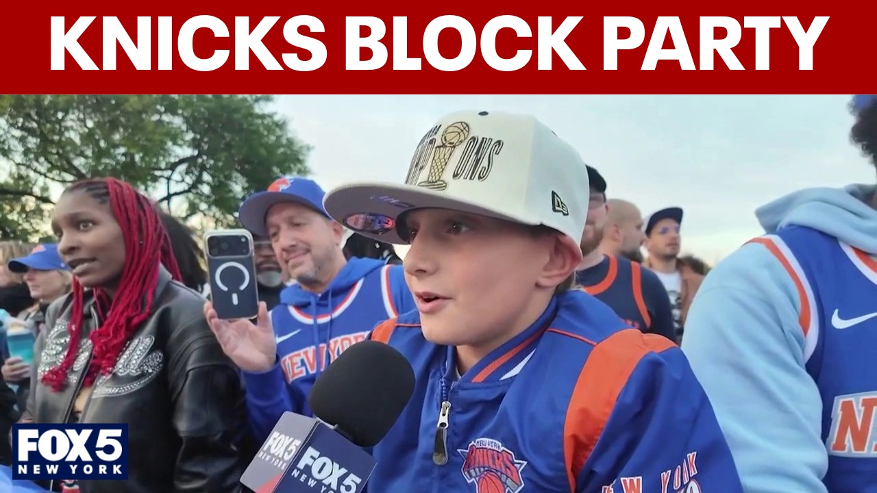 Video thumbnail for Knicks fans hype new NBA season at block party with Jalen Brunson and Josh Hart