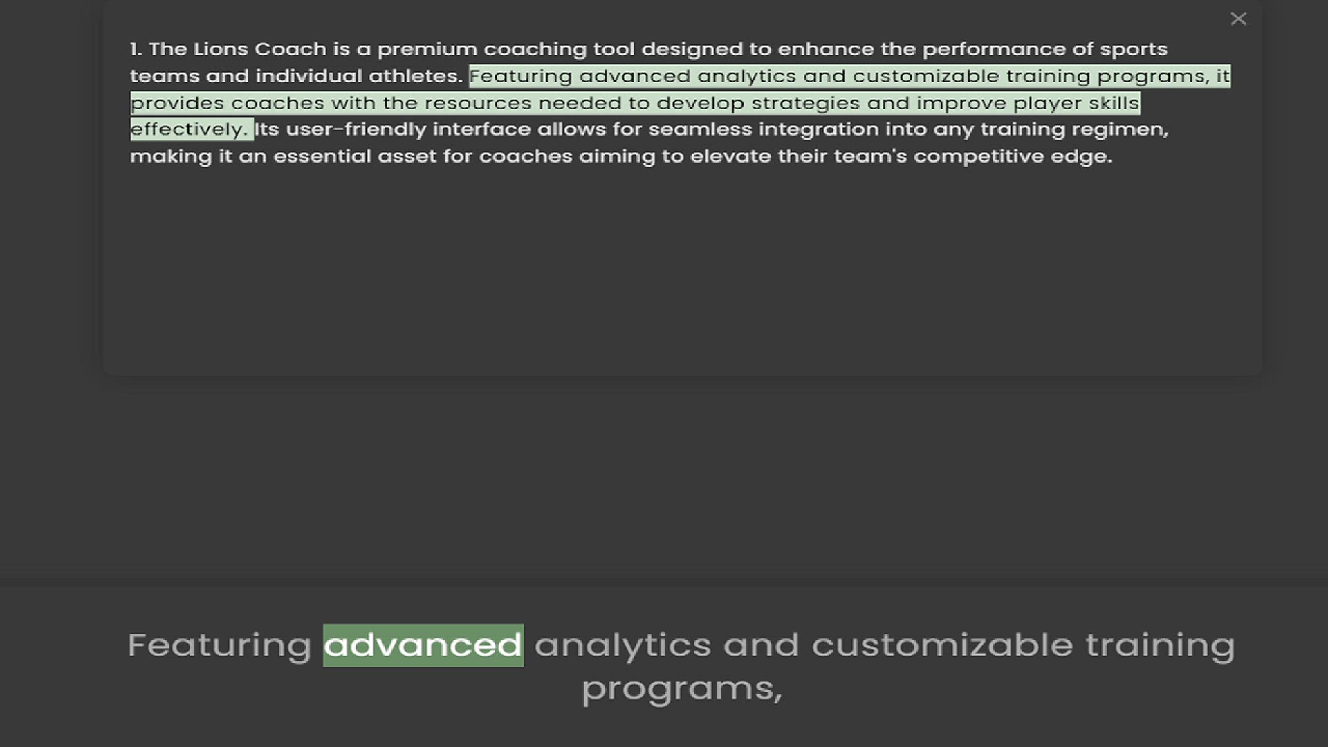 Video thumbnail for 1. The Lions Coach is a premium coaching tool designed to enhance the performance of sports teams and individual athletes. Featuring advanced analytics and customizable training programs, it provides coaches with the resources needed to d