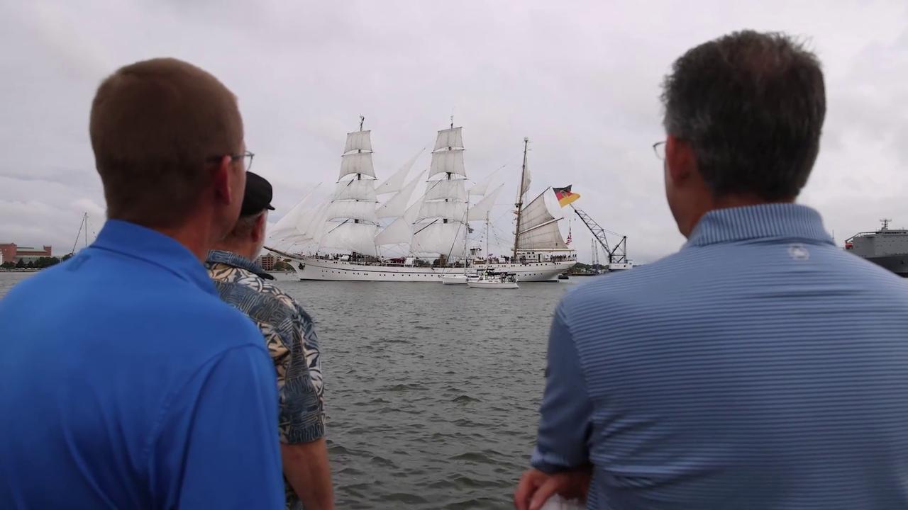 Video thumbnail for US: Ships Fill Norfolk Harbor During Sail 250 Parade Of Sail.