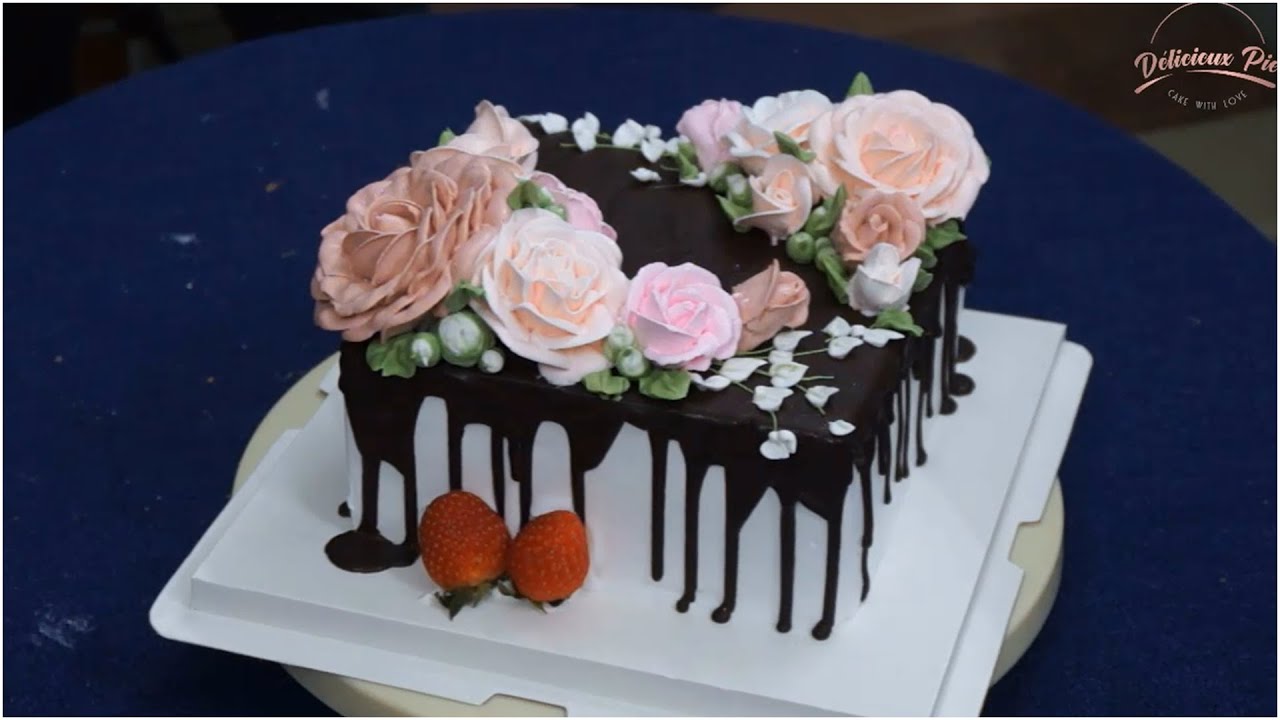 'Video thumbnail for Beautiful rose flower cake filled with chocolate drip for your birthday'