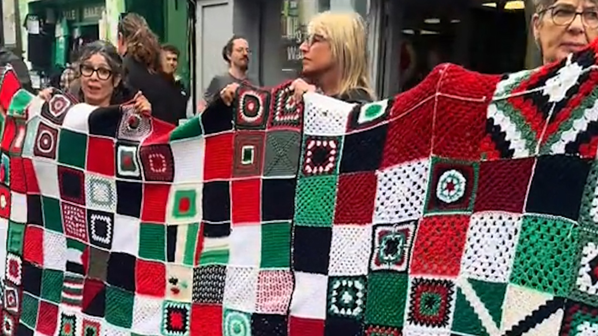 'Video thumbnail for Irish activists knit blanket representing children killed in Gaza'
