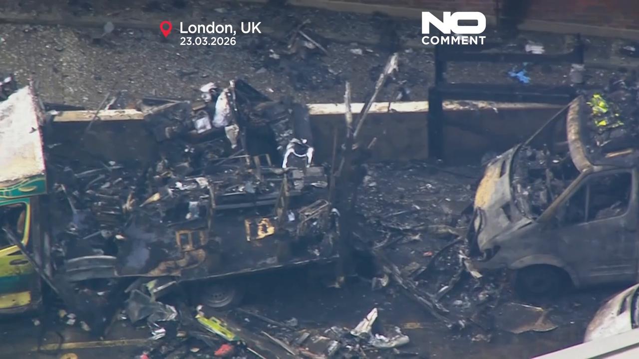 Video thumbnail for Aerials show aftermath of suspected arson attack on Jewish ambulances in London