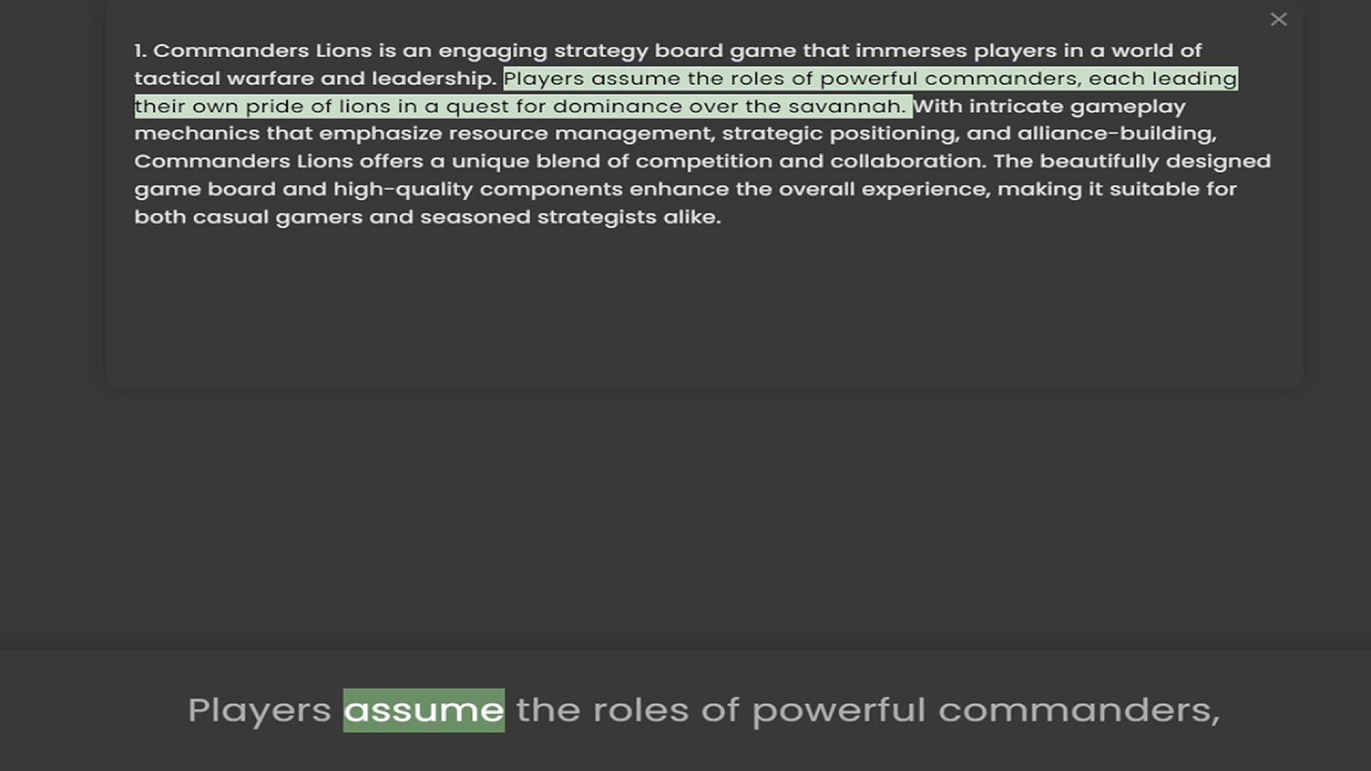 Video thumbnail for 1. Commanders Lions is an engaging strategy board game that immerses players in a world of tactical warfare and leadership. Players assume the roles of powerful commanders, each leading their own pride of lions in a quest for dominance ov
