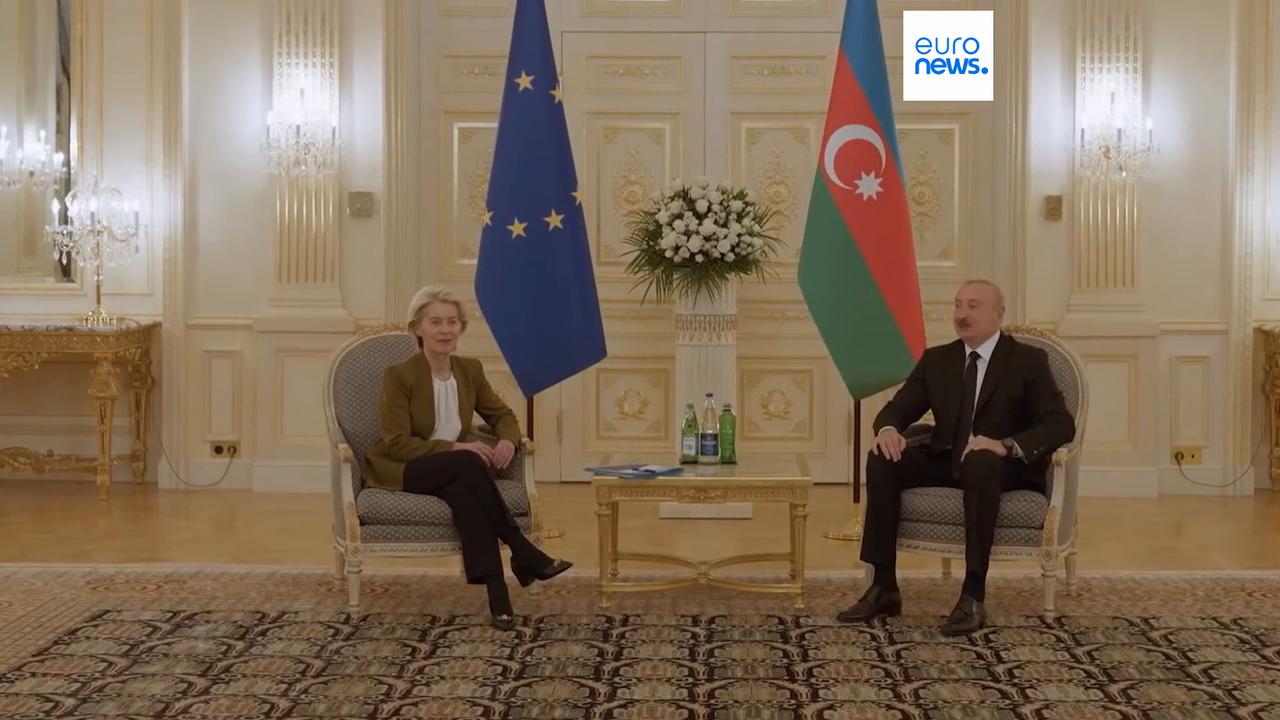 Video thumbnail for EU looks to South Caucasus for solutions as von der Leyen holds talks with President Aliyev