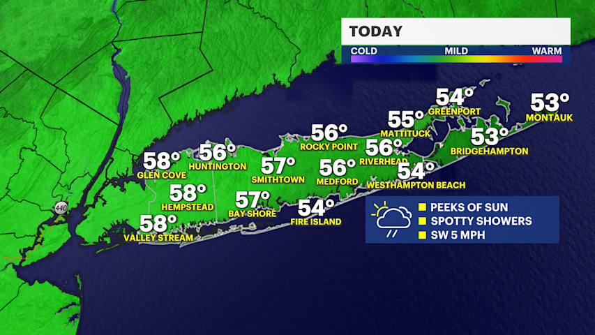 Video thumbnail for Spotty Saturday showers, very chilly start to Sunday on Long Island