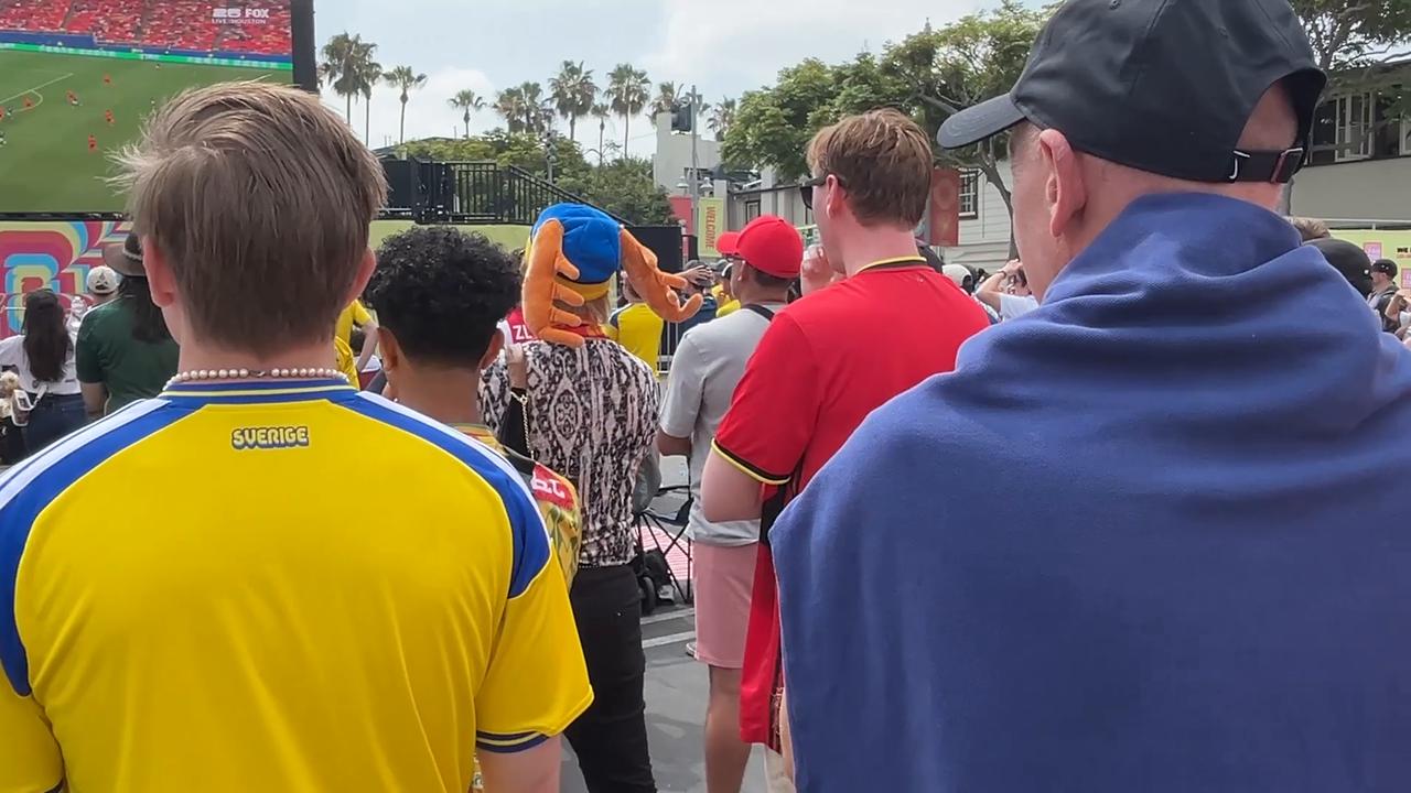 Video thumbnail for US: Fans gather at FIFA World Cup 2026 Fan Zone in Los Angeles for Netherlands-Sweden match.