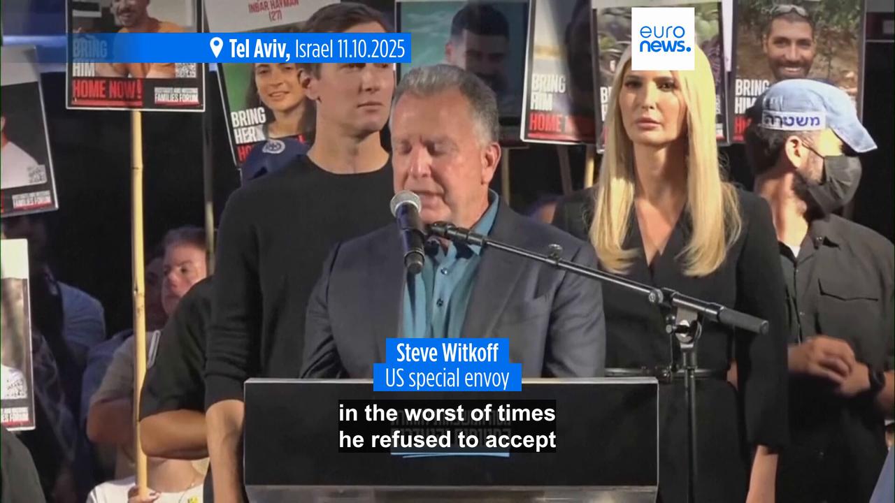 'Video thumbnail for Israelis cheer Trump at Tel Aviv rally as they brace for the return of hostages'