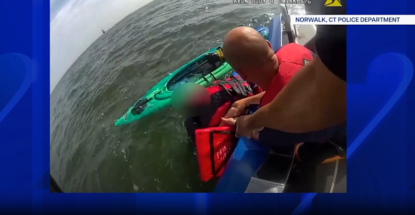 Video thumbnail for Norwalk police rescue kayaker in distress in Long Island Sound