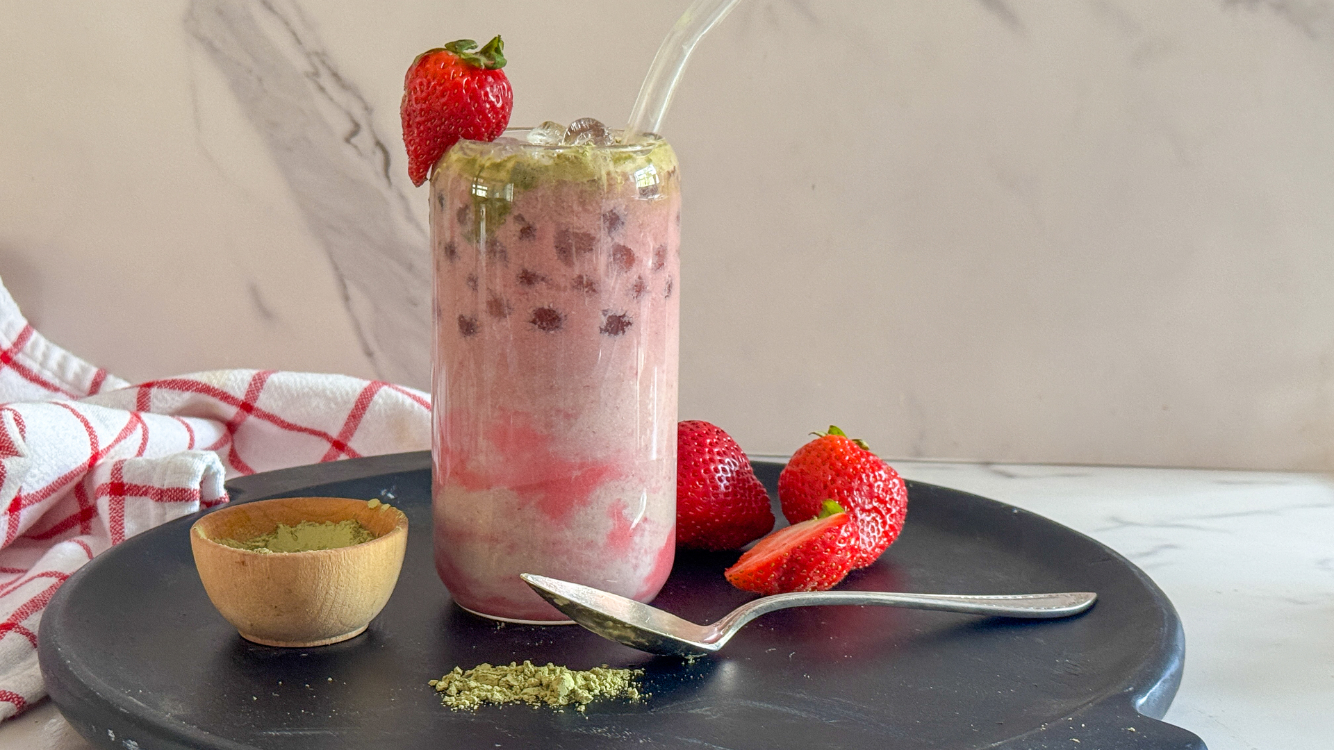 Video thumbnail for Homemade Iced Strawberry Matcha Latte Recipe