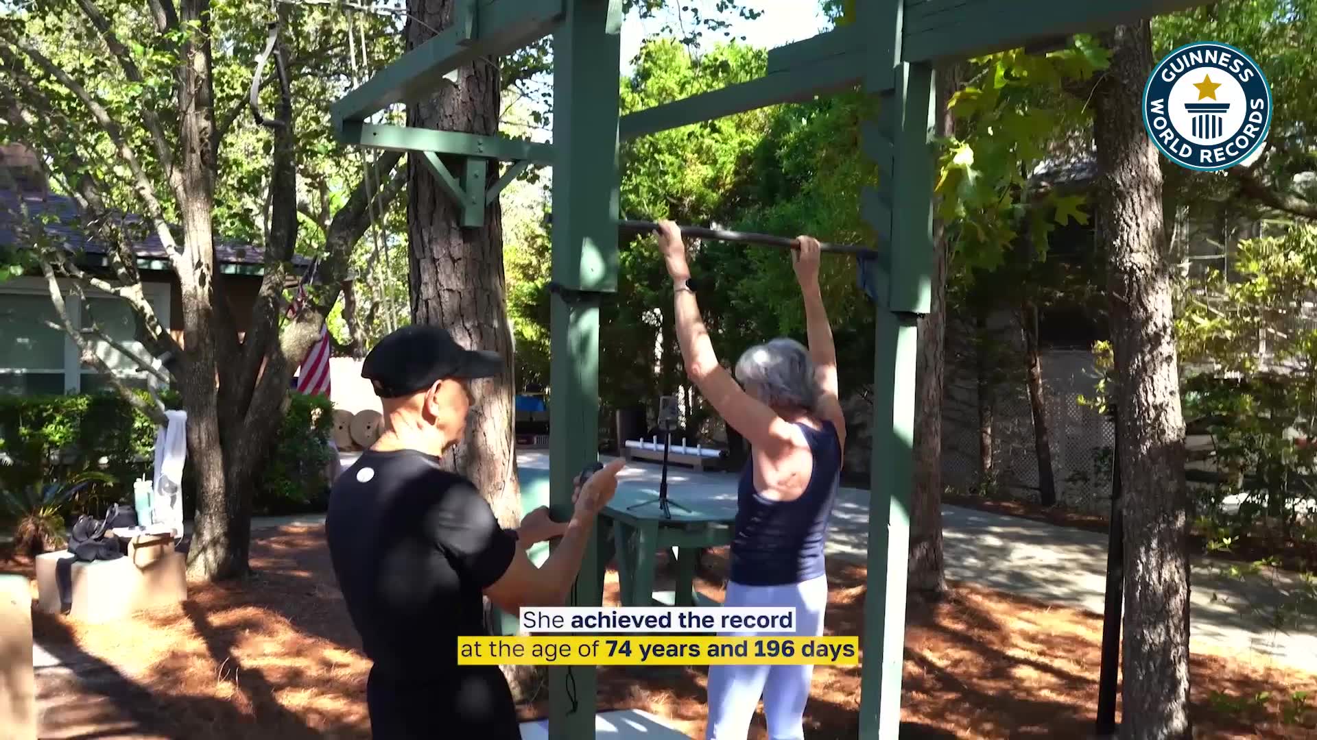 Video thumbnail for Oldest person to perform an inverted bar hang (female) - Ginny MacColl at 74 years and 196 days old