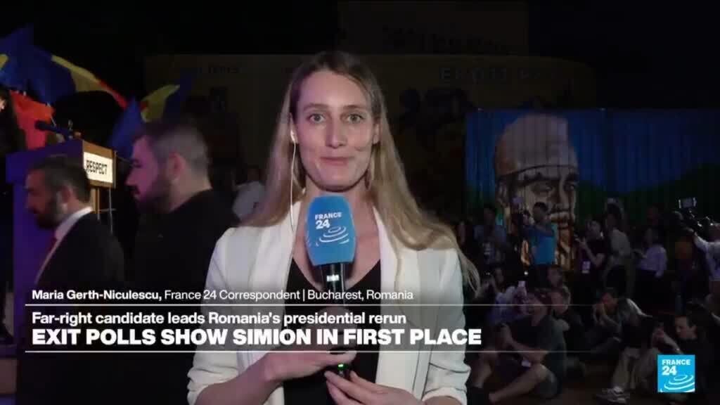 Video thumbnail for Romania exit polls point to 'comfortable lead' for far right's George Simion