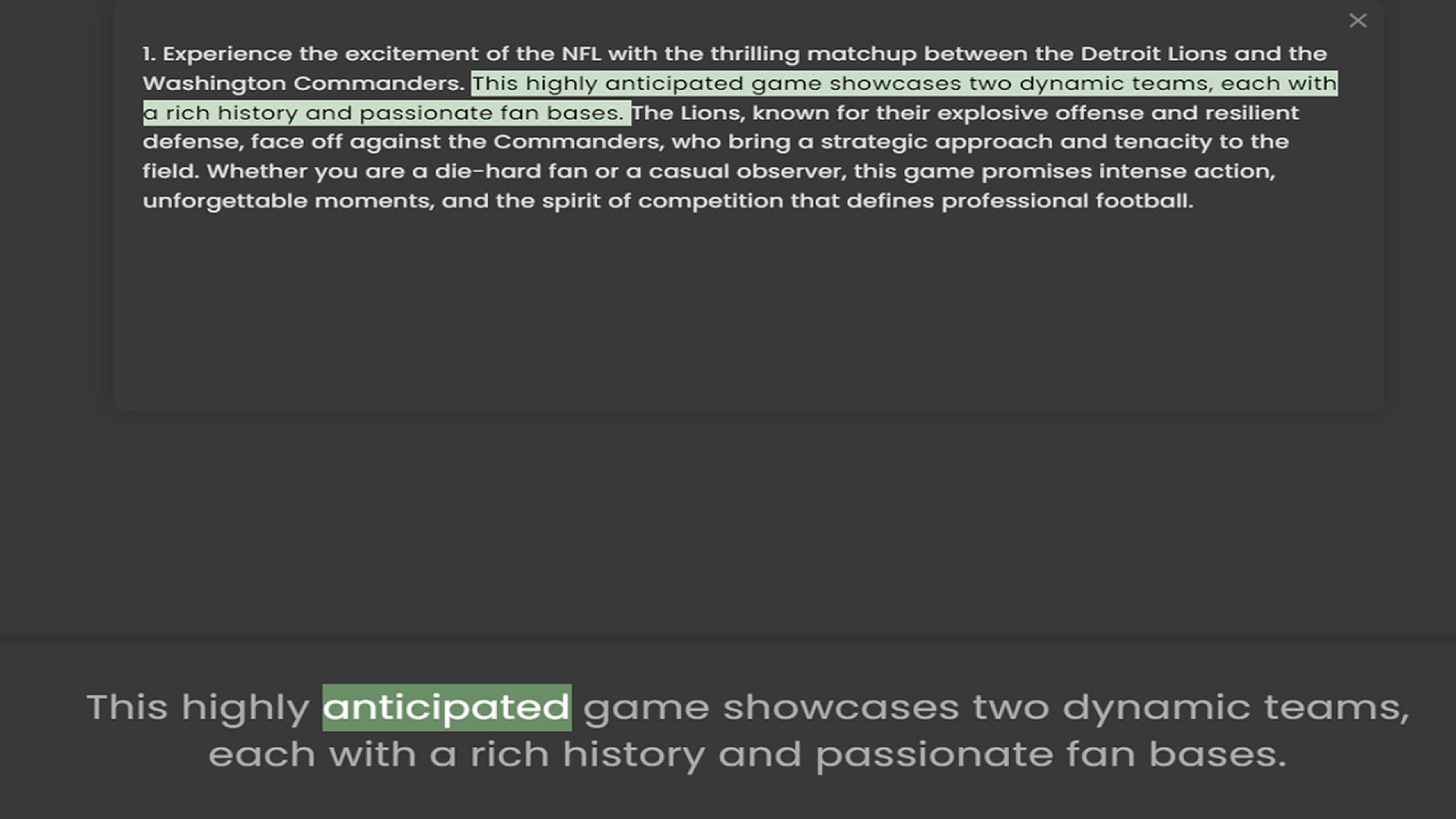 Video thumbnail for 1. Experience the excitement of the NFL with the thrilling matchup between the Detroit Lions and the Washington Commanders. This highly anticipated game showcases two dynamic teams, each with a rich history and passionate fan bases. The L