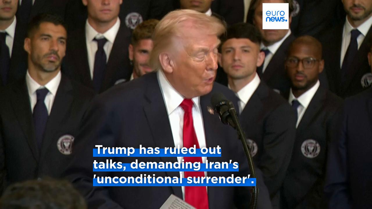 Video thumbnail for Trump demands 'unconditional surrender' as Israel hits Khamenei's bunker