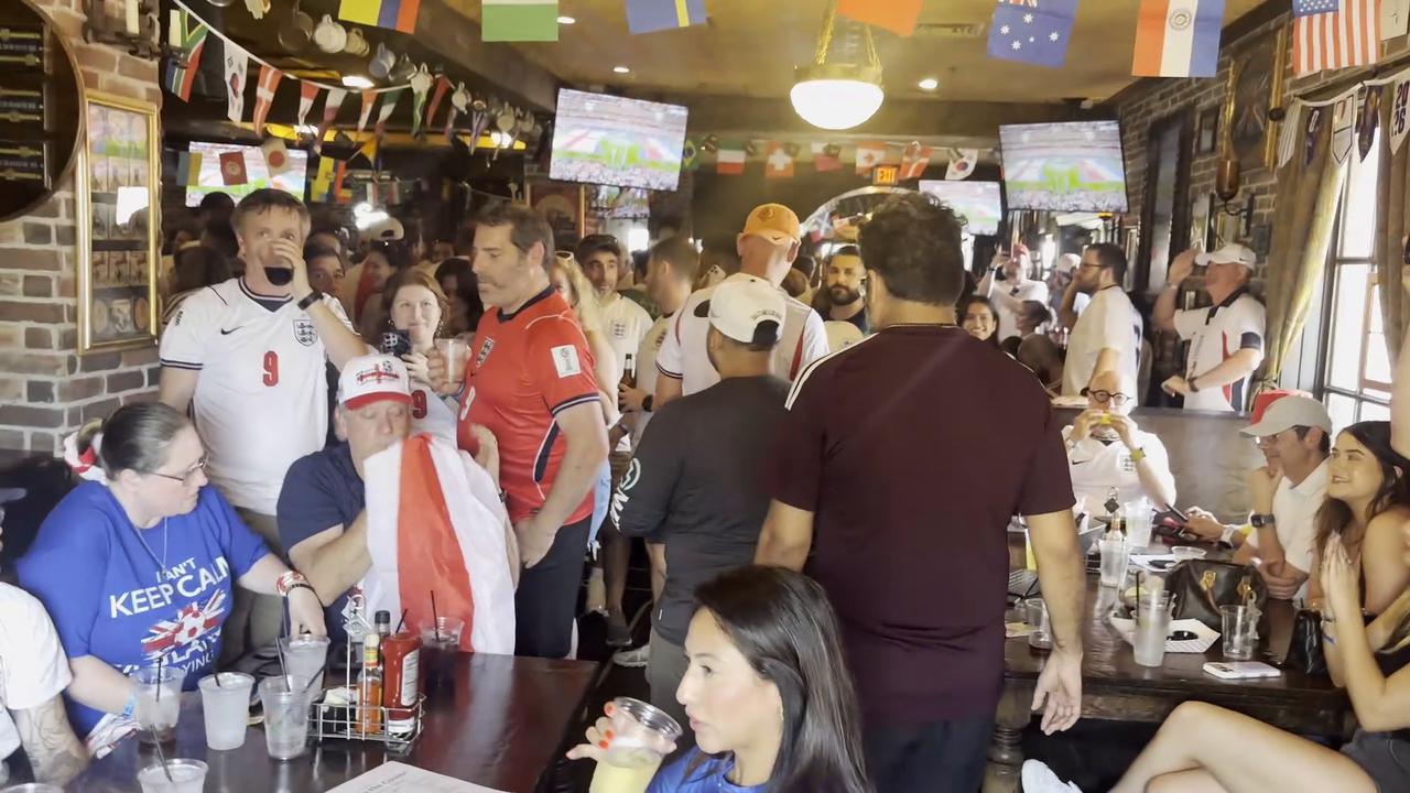 Video thumbnail for US: Fans Of England's World Cup Watching Game Croatia vs England at the bar in Dallas, Texas 7.