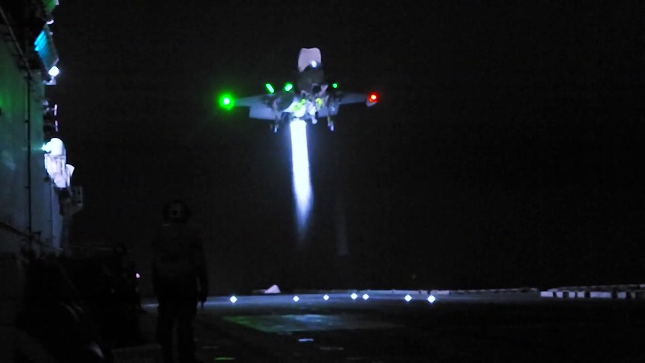 Video thumbnail for Saudi Arabia: F-35B Lightning II Jets Execute Vertical Landings On USS Boxer At Night.
