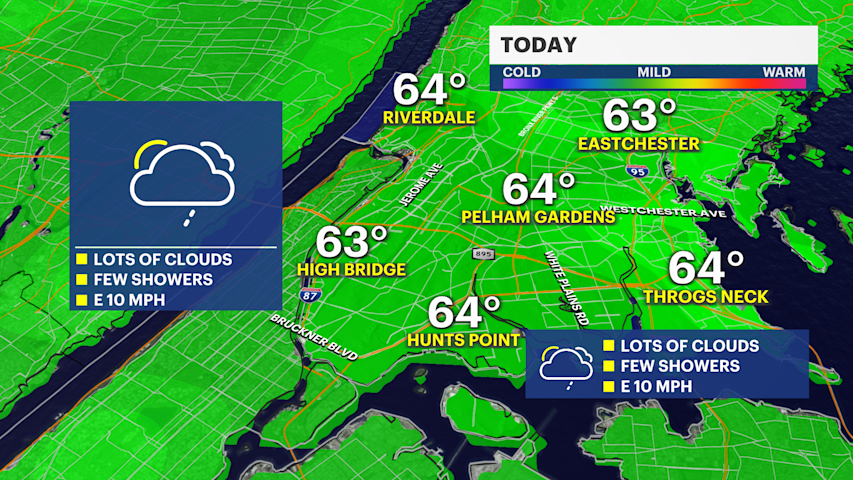 Video thumbnail for Clouds increase today with late-day showers, then a chilly start to the week in the Bronx