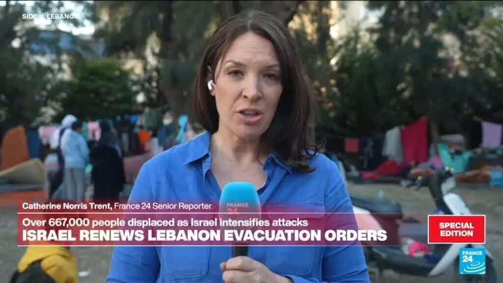 Video thumbnail for 'Waves of displaced' arriving in Lebanon's Sidon as Israel warns of new strikes