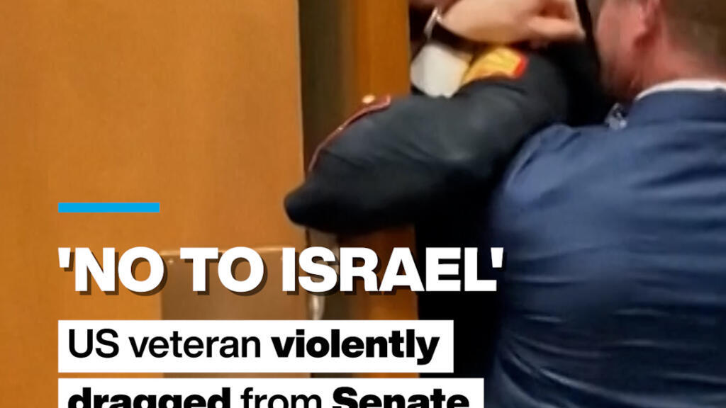 Video thumbnail for 'No to Israel': US veteran violently dragged from Senate during protest