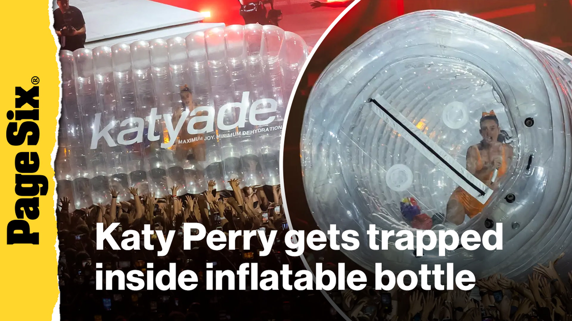 Video thumbnail for Crowd-surfing fail! Katy Perry gets trapped inside inflatable bottle