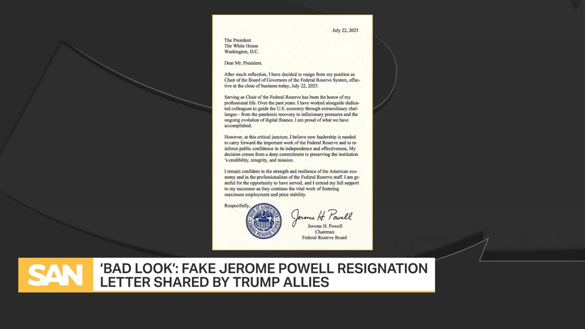 'Video thumbnail for ‘Bad look’: Fake Jerome Powell resignation letter shared by Trump allies'