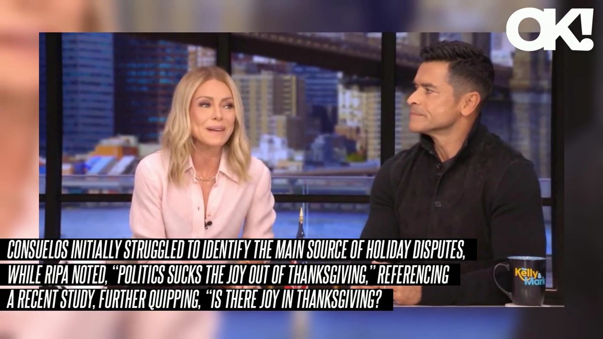 'Video thumbnail for Mark Consuelos Warns Fans to 'Stay Away From Politics' at Thanksgiving After Kelly Ripa Reveals It 'Sucks'