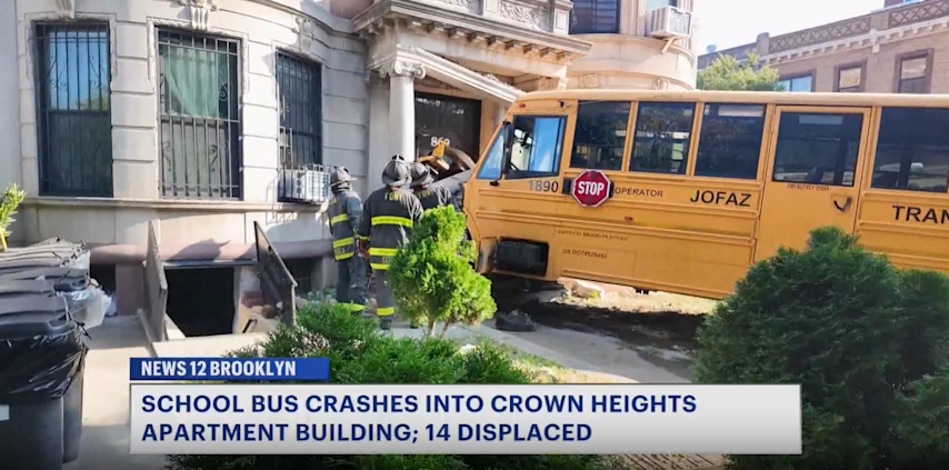 Video thumbnail for School bus crashes into Crown Heights apartment building, forcing families out