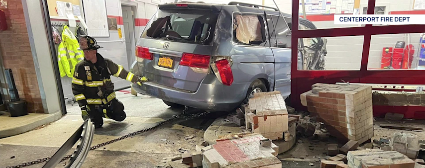 Video thumbnail for Driver entrapped after SUV crashes into Centerport fire station
