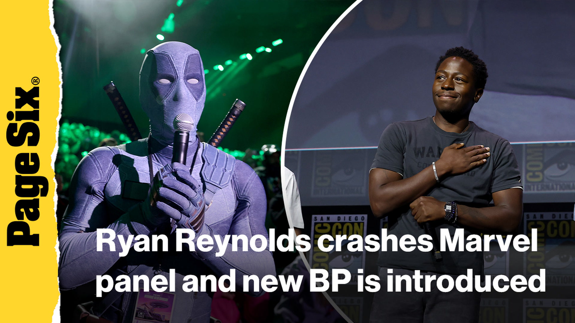 Video thumbnail for Ryan Reynolds' Gray Deadpool crashes Marvel panel as new Black Panther is introduced