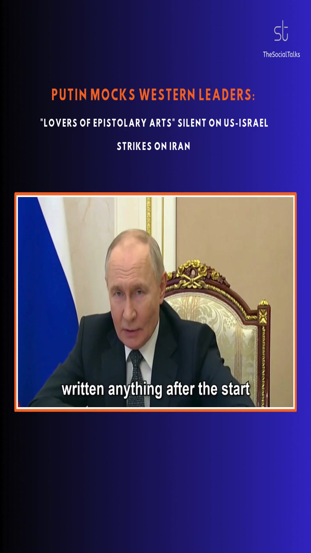Video thumbnail for Putin Mocks Western Leaders: "Lovers of Epistolary Arts" Silent on US-Israel Strikes on Iran