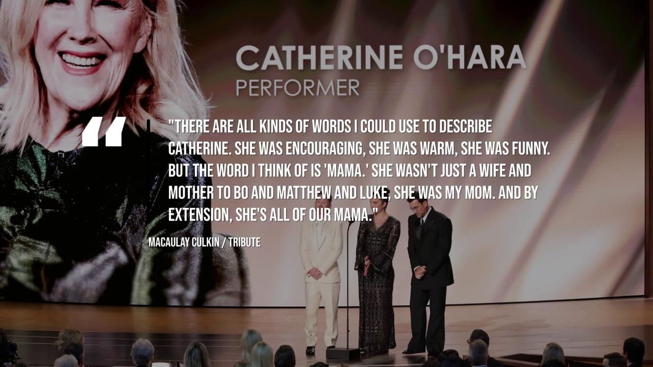 Video thumbnail for NEWS OF THE WEEK: Macaulay Culkin pays tribute to 'mama' Catherine O'Hara at 2026 Emmy Awards.