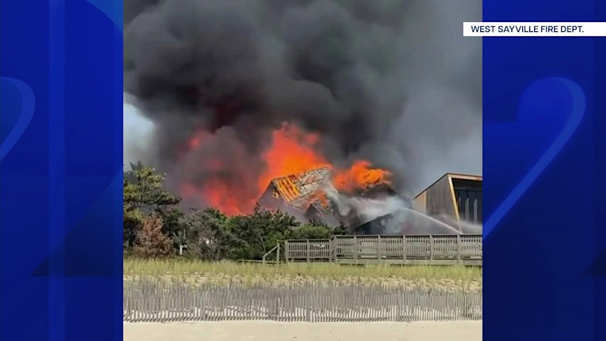 Video thumbnail for Fire destroys home in Fire Island Pines; cause remains under investigation