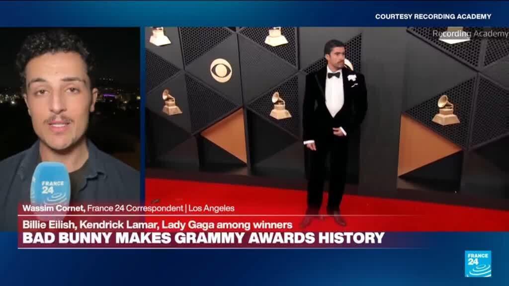 Video thumbnail for Bad Bunny makes Grammy Awards history with album of the year and bold political statement