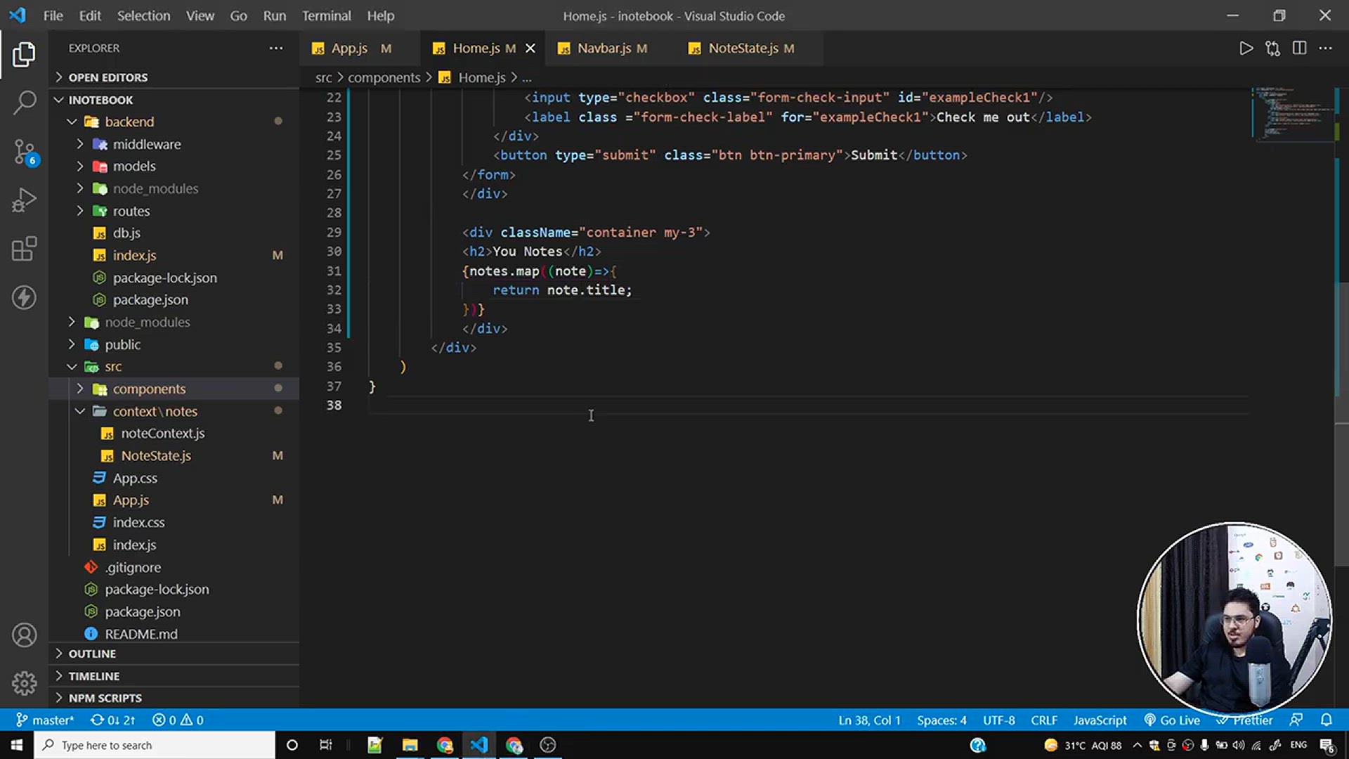 'Video thumbnail for iNotebook_ Adding NoteItem in a Separate Note component _ Complete React Course in Hindi #61'