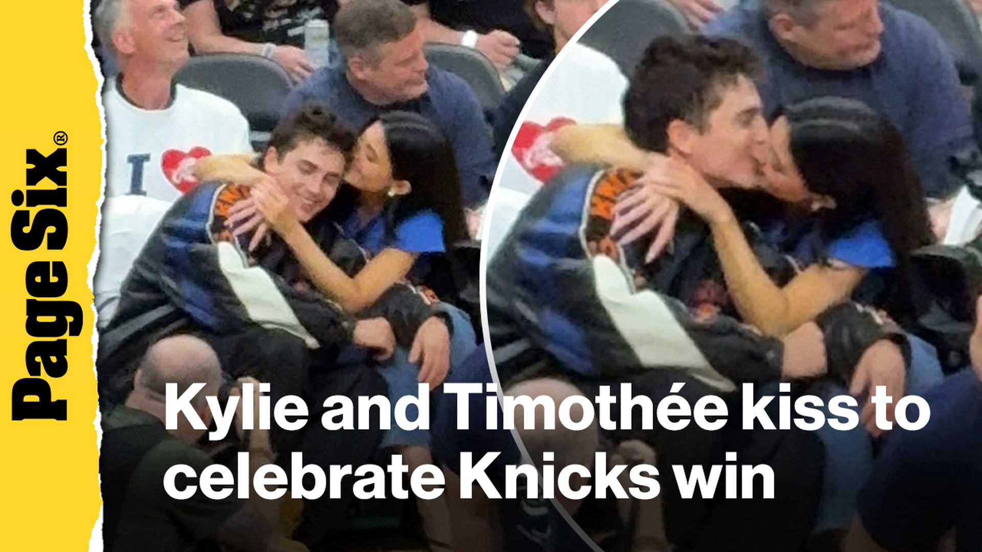 Video thumbnail for Kylie Jenner and Timothée Chalamet celebrate Knicks win with a kiss during Cleveland date night