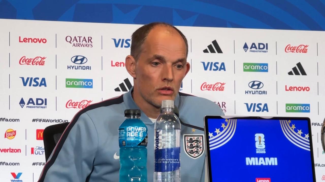 Video thumbnail for US: England coach Tuchel, defender Stones address media ahead of World Cup third-place playoff against France (2).